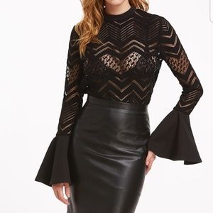 Button Back Bell Sleeve Sheer Chevron Blous